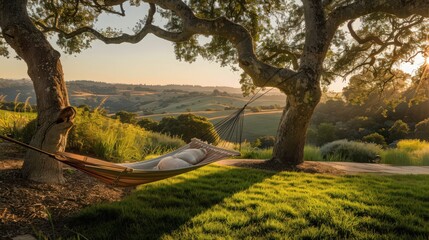 Canvas Print - A charming hammock suspended between two sturdy oak trees in a peaceful backyard, with a picturesque view of rolling hills and a clear sky.