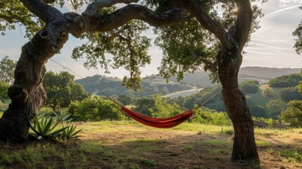 Canvas Print - A charming hammock suspended between two sturdy oak trees in a peaceful backyard, with a picturesque view of rolling hills and a clear sky.