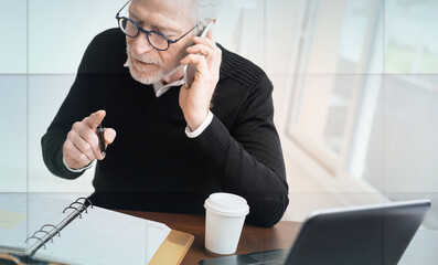 Businessman talking on mobile phone to make an appointment, geometric pattern