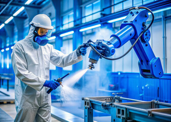 A masked technician in protective gear carefully sprays vibrant blue paint onto a mechanical robotic arm in a futuristic industrial manufacturing facility.