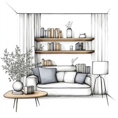 Illustration of an interior design sketch of Modern living room featuring comfortable furniture and stylish decor