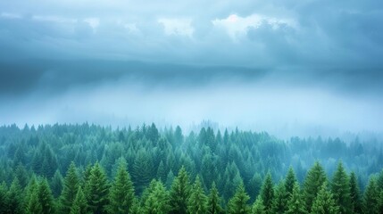 Wall Mural - Stormy skies and heavy showers over a dense forest, weather forecast, wild nature