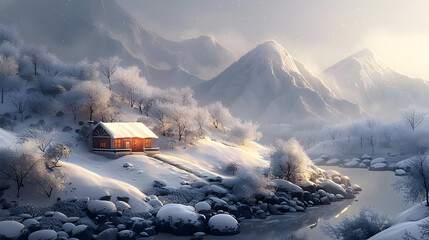 Wall Mural - Snowy Mountain Cabin Winter Landscape Illustration