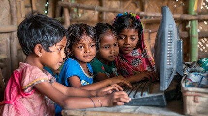 group of bangladeshi children learning digital skills together on a computer for school work