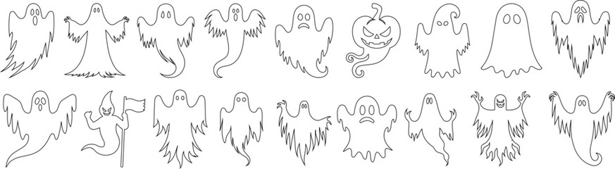 Wall Mural - halloween ghosts line art vector illustration