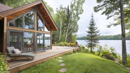 Lakeside cabin with large windows showcasing still waters, serene and picturesque getaway, lake outlook