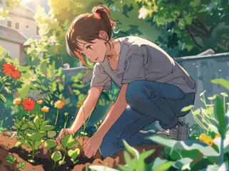 Wall Mural - A girl is planting flowers in her garden, surrounded by lush greenery and colorful blooms.