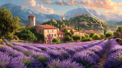 Lavender fields backdrop with a charming French village prospect, fragrant and serene countryside view