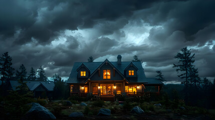 Canvas Print - Cozy Cabin Under Dramatic Storm Clouds - Photo