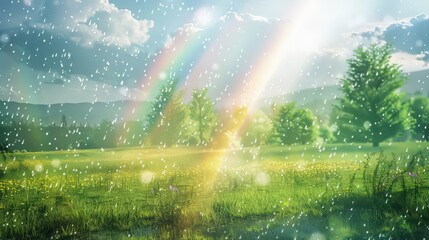 Poster - During a sun shower, a rainbow appears over a serene meadow, its colors intensified by the glistening raindrops.