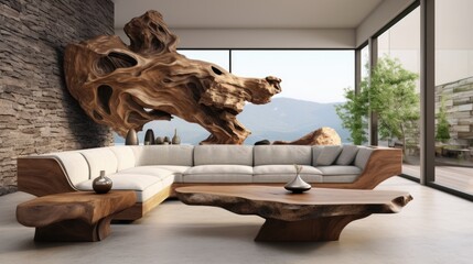 Interior design of modern living room with wooden 