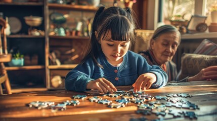 Poster - The child assembling puzzle