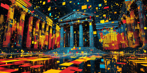 Holographic projection of a classical building in a futuristic digital space, with a vibrant blue and black background, embodying a concept of innovation