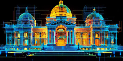 Holographic projection of a classical building in a futuristic digital space, with a vibrant blue and black background, embodying a concept of innovation