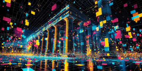 Holographic projection of a classical building in a futuristic digital space, with a vibrant blue and black background, embodying a concept of innovation