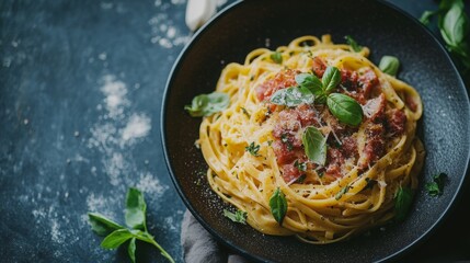 Wall Mural - Vegan spaghetti carbonara, food photography, 16:9