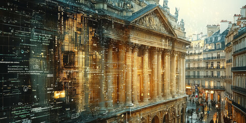Holographic projection of a classical building in a futuristic digital space, with a vibrant blue and black background, embodying a concept of innovation