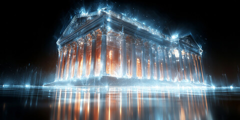Holographic projection of a classical building in a futuristic digital space, with a vibrant blue and black background, embodying a concept of innovation
