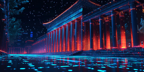 Holographic projection of a classical building in a futuristic digital space, with a vibrant blue and black background, embodying a concept of innovation