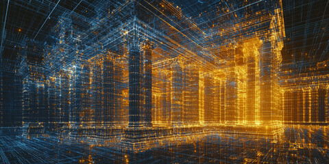 Holographic projection of a classical building in a futuristic digital space, with a vibrant blue and black background, embodying a concept of innovation