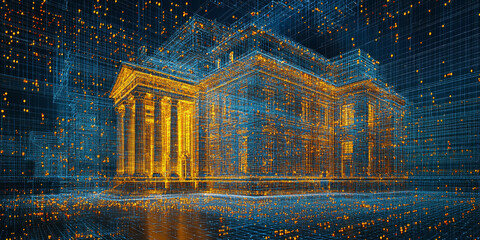 Holographic projection of a classical building in a futuristic digital space, with a vibrant blue and black background, embodying a concept of innovation