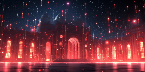 Holographic projection of a classical building in a futuristic digital space, with a vibrant blue and black background, embodying a concept of innovation