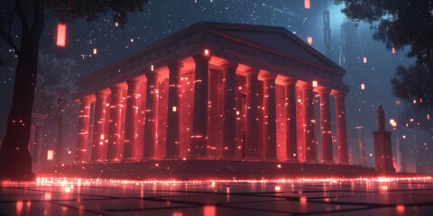 Holographic projection of a classical building in a futuristic digital space, with a vibrant blue and black background, embodying a concept of innovation