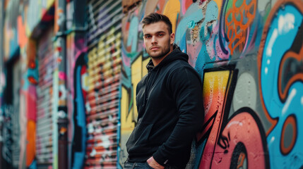 Wall Mural - portrait of an attractive young Egyptian man in a black hoodie leaning against a colorful graffiti wall in natural daylight