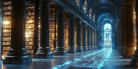 Holographic projection of a classical building in a futuristic digital space, with a vibrant blue and black background, embodying a concept of innovation