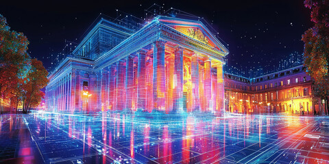 Holographic projection of a classical building in a futuristic digital space, with a vibrant blue and black background, embodying a concept of innovation