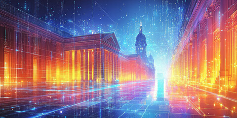 Holographic projection of a classical building in a futuristic digital space, with a vibrant blue and black background, embodying a concept of innovation