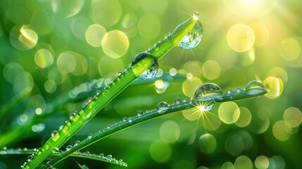 Wall Mural - grass macro shot, water drops of dew, morning mood, ai generated