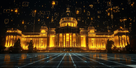 Holographic projection of a classical building in a futuristic digital space, with a vibrant blue and black background, embodying a concept of innovation