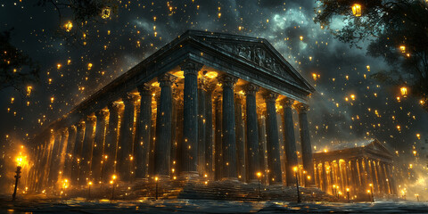 Holographic projection of a classical building in a futuristic digital space, with a vibrant blue and black background, embodying a concept of innovation