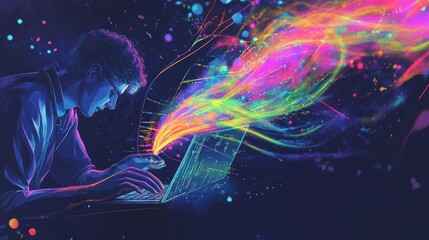 A Person Using a Laptop With Multicolored Lights and Lines Streaming Out of the Screen