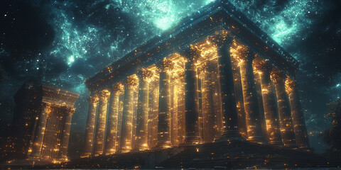 Holographic projection of a classical building in a futuristic digital space, with a vibrant blue and black background, embodying a concept of innovation