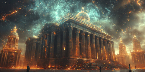 Holographic projection of a classical building in a futuristic digital space, with a vibrant blue and black background, embodying a concept of innovation