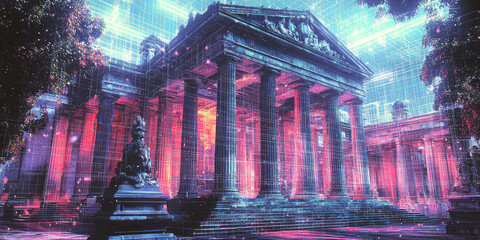 Holographic projection of a classical building in a futuristic digital space, with a vibrant blue and black background, embodying a concept of innovation