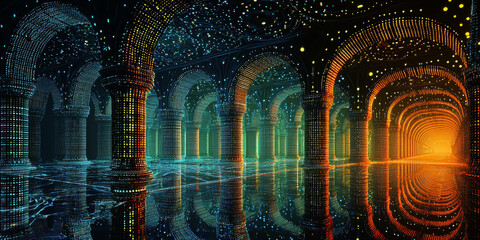 Holographic projection of a classical building in a futuristic digital space, with a vibrant blue and black background, embodying a concept of innovation