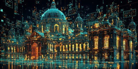 Holographic projection of a classical building in a futuristic digital space, with a vibrant blue and black background, embodying a concept of innovation