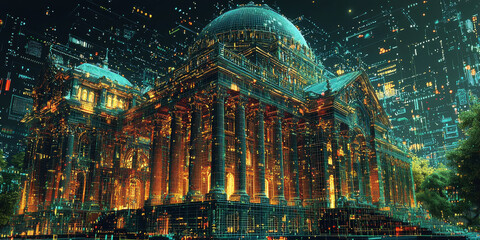 Holographic projection of a classical building in a futuristic digital space, with a vibrant blue and black background, embodying a concept of innovation