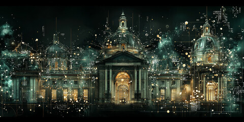 Holographic projection of a classical building in a futuristic digital space, with a vibrant blue and black background, embodying a concept of innovation