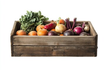 Wall Mural - Wooden box with seasonal vegetables isolated on white background