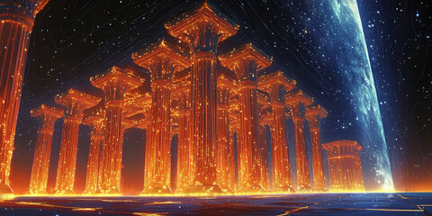 Holographic projection of a classical building in a futuristic digital space, with a vibrant blue and black background, embodying a concept of innovation