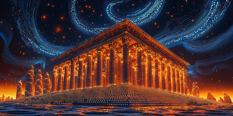 Holographic projection of a classical building in a futuristic digital space, with a vibrant blue and black background, embodying a concept of innovation