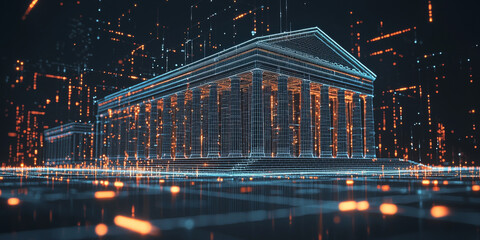 Holographic projection of a classical building in a futuristic digital space, with a vibrant blue and black background, embodying a concept of innovation