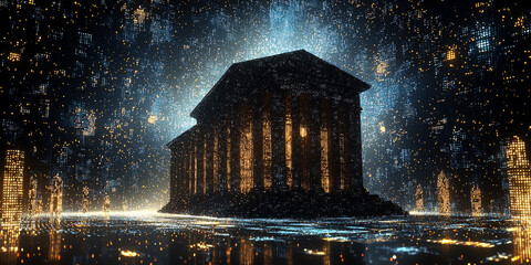 Holographic projection of a classical building in a futuristic digital space, with a vibrant blue and black background, embodying a concept of innovation