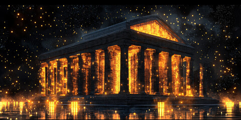 Holographic projection of a classical building in a futuristic digital space, with a vibrant blue and black background, embodying a concept of innovation
