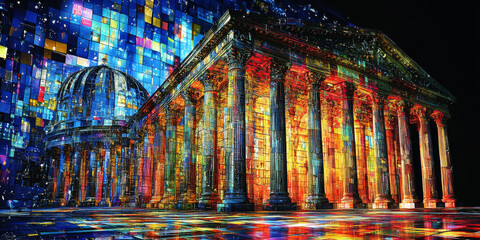 Holographic projection of a classical building in a futuristic digital space, with a vibrant blue and black background, embodying a concept of innovation