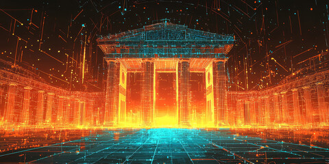 Holographic projection of a classical building in a futuristic digital space, with a vibrant blue and black background, embodying a concept of innovation